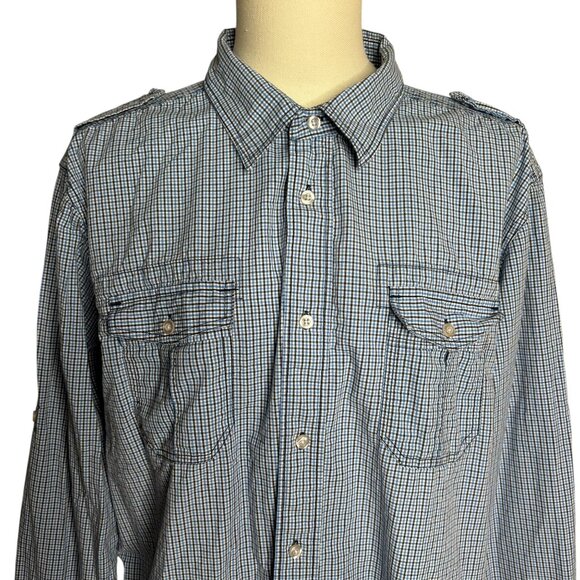Eighty Eight Button Up Roll Tab Sleeve Shirt XXL Blue Black Checkered Pockets - Picture 2 of 6